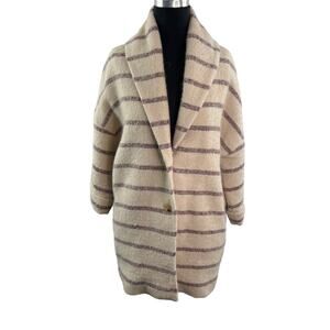 PABLO Gerard Darel Beige Red Coat Wool Stripe Shawl 3/4 Sleeve Oversized Size 34